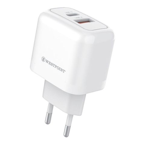 West Point Wall Charger With 1 Meter Cable, 20W Type-C + 18W USB-A, White, WP-21 West Point Wall Charger With 1 Meter Cable, 20W Type-C + 18W USB-A, White, WP-21 - Image 1